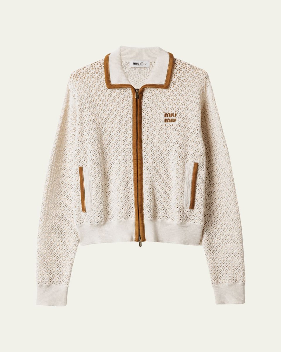 Suede-Trim Cotton Crochet Pelle Zip Cardigan